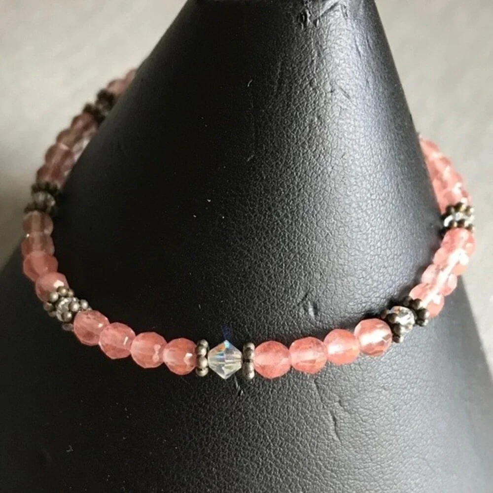 Vintage Handmade Strawberry Quartz Swarovski Crystal Sterling Silver Bracelet
